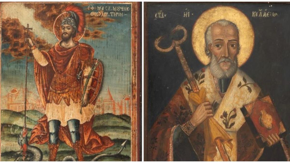 colaj 2 poze in care apar Icoana pe lemn, ”Sfântul Mare Mucenic Teodor Tiron” şi Icoană împărătească pe lemn, ”Sfântul Nicolae”