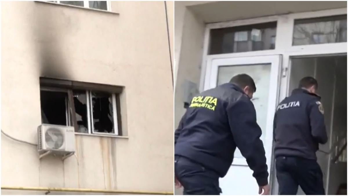colaj cu doua imagini cu apartament afectat de incendiu si un echipaj de politie
