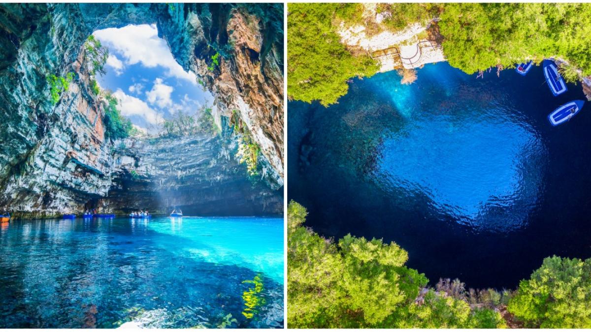 colaj 2 poze in care apare Peştera Melissani - insula Kefalonia - Grecia