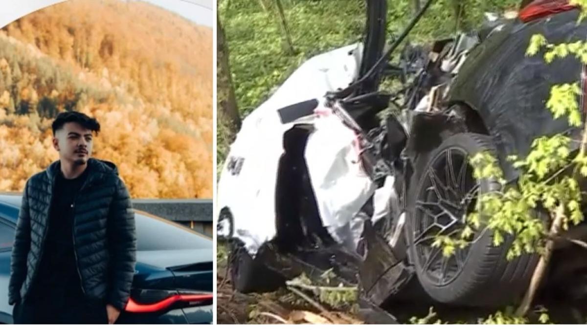 colaj 2 poze in care apar soferul accidentului din Padurea Snagov, in ziua de Paste si masina distrusa dupa accident