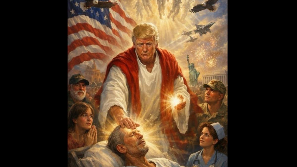 in plin conflict cu vaticanul trump a postat o imagine cu el pe post de isus care vindeca un bolnav cu avioane de vanatoare pe fundal