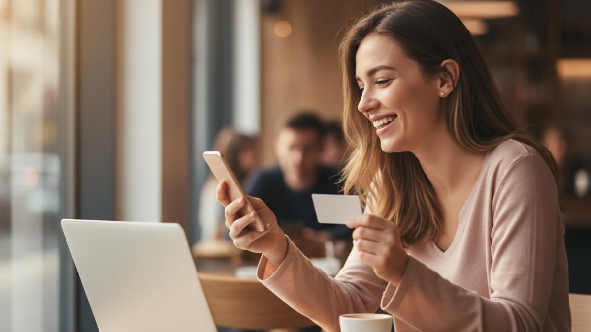 femeie cu telefon in mana si cu o carte de vizita in cealalta mana