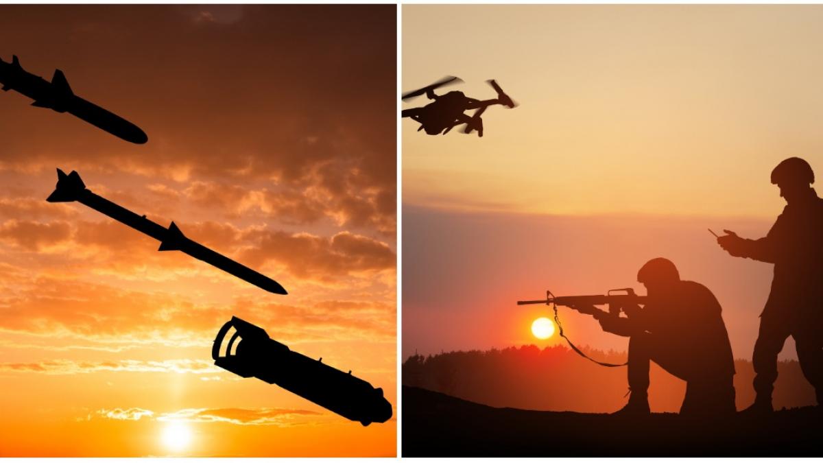 colaj 2 poze in care apar 3 tipuri de racheta si doi soldați folosind drone și laptopuri pentru cercetare în timpul operațiunilor militare. 
