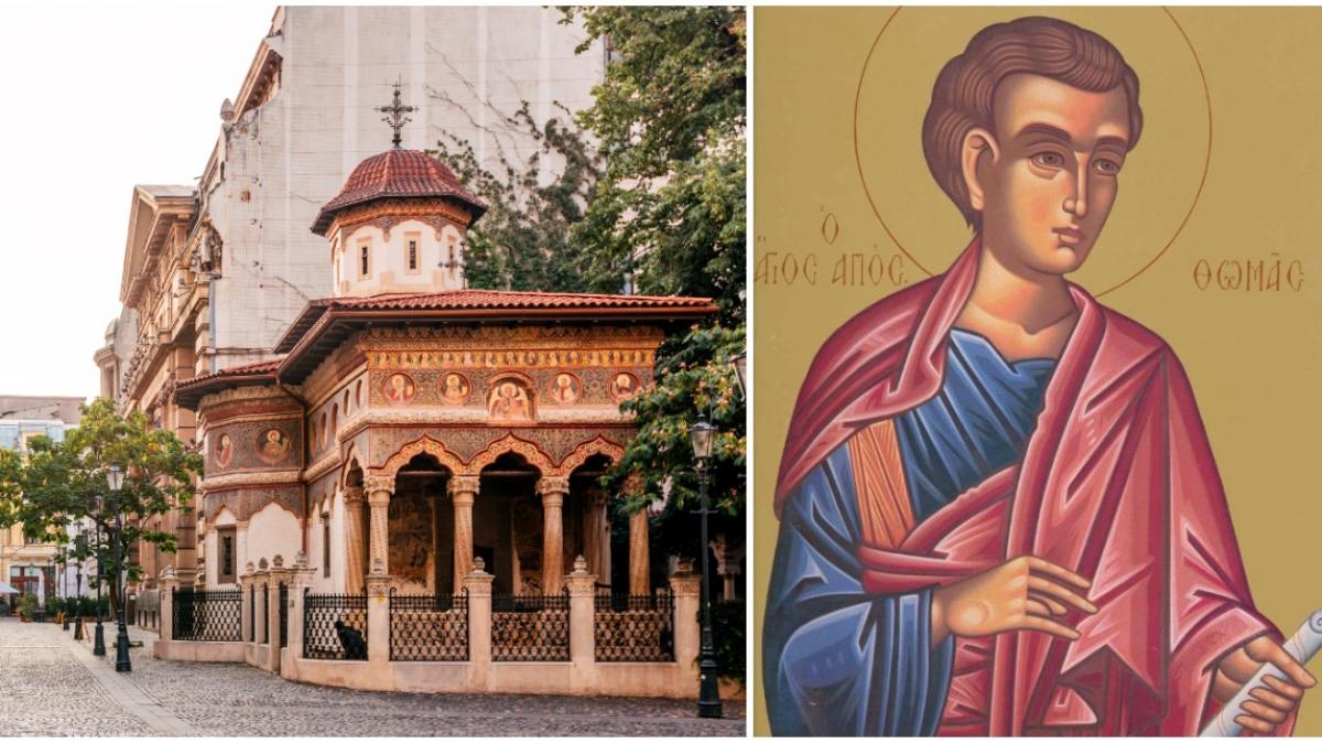 colaj 2 poze in care apar Mănăstirea Stavropoleos, Bucureşti, şi o icoană cu Sfântul Apostol Toma