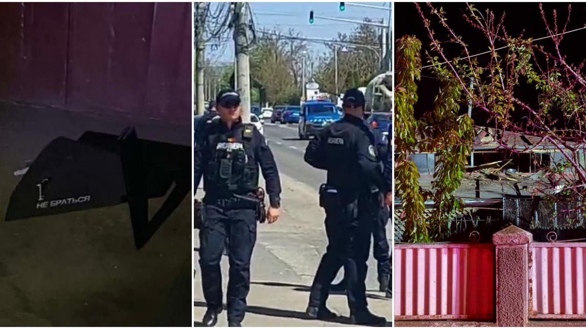 Drona prăbușită în Galați (stanga) polițisti (mijloc) casa avariata (dreapta)