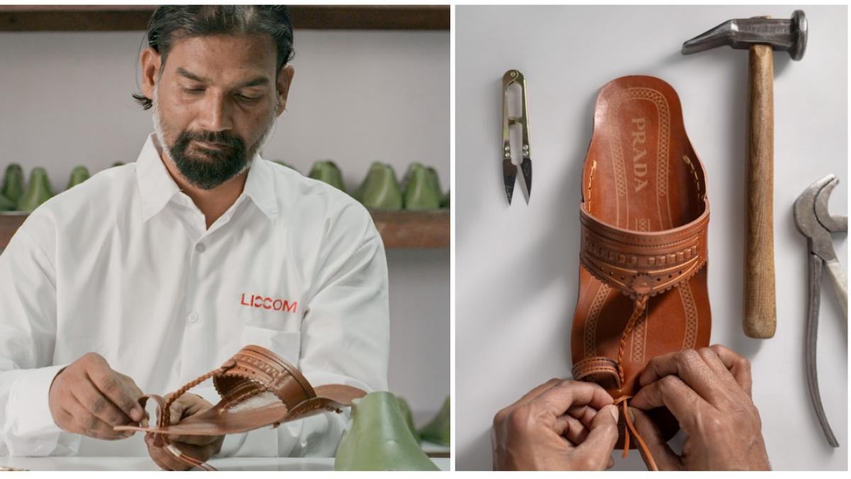 colaj 2 poze cu sandalele Kolhapuri, lansate de Prada