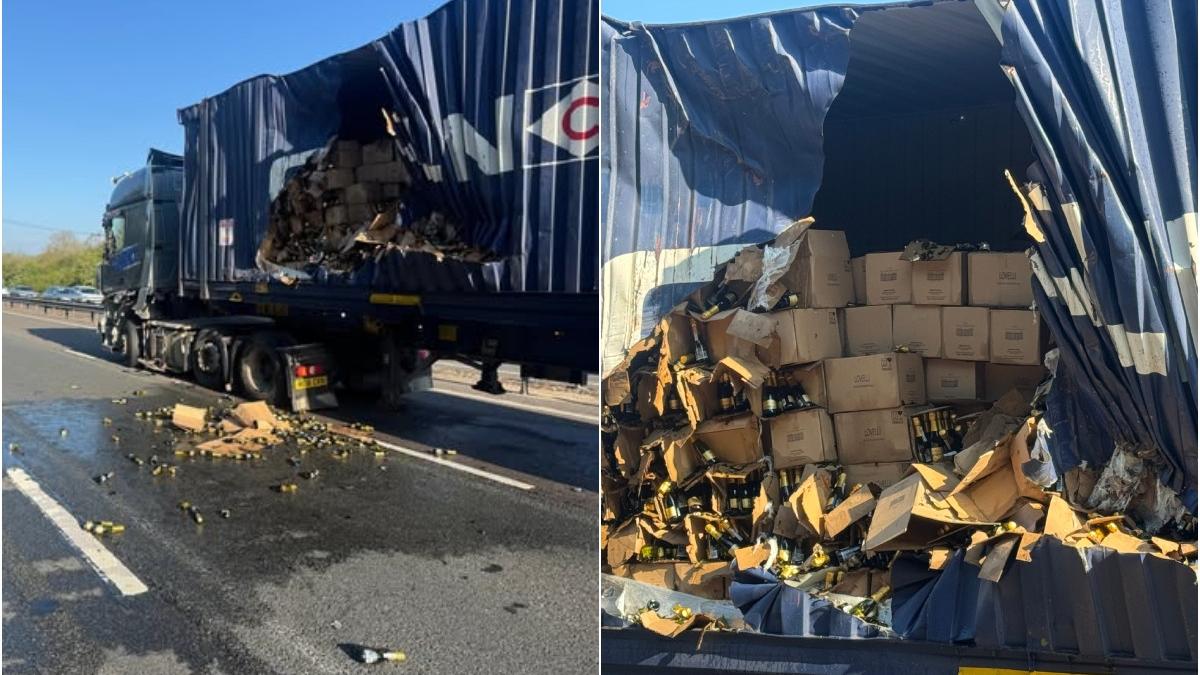 un camion cu 20 de tone de prosecco a provocat haos pe o autostrada din marea britanie dupa un accident