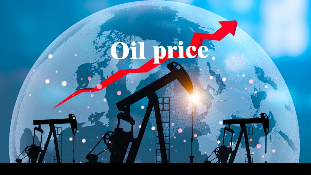 ilustrație cu silueta unor utilaje de extracție de țiței, planeta pe fundal și o săgeată roșie ascendentă cu textul „oil price”