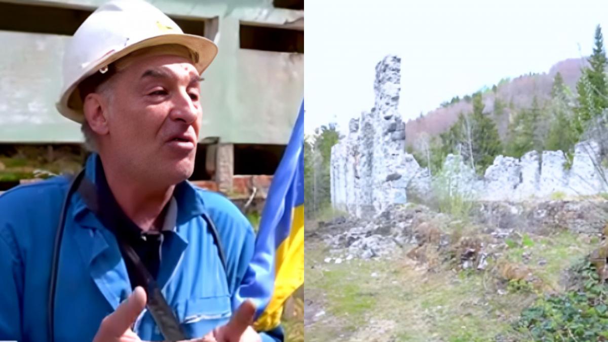 barbat cu casca pe cap in stanga si ruine in dreapta