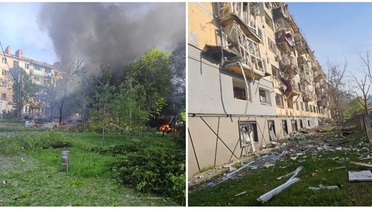 colaj 2 poze in care apar cladiri afectate dupa ce azi, ruşii au atacat cu bombe aeriene oraşul Kramatorsk. 