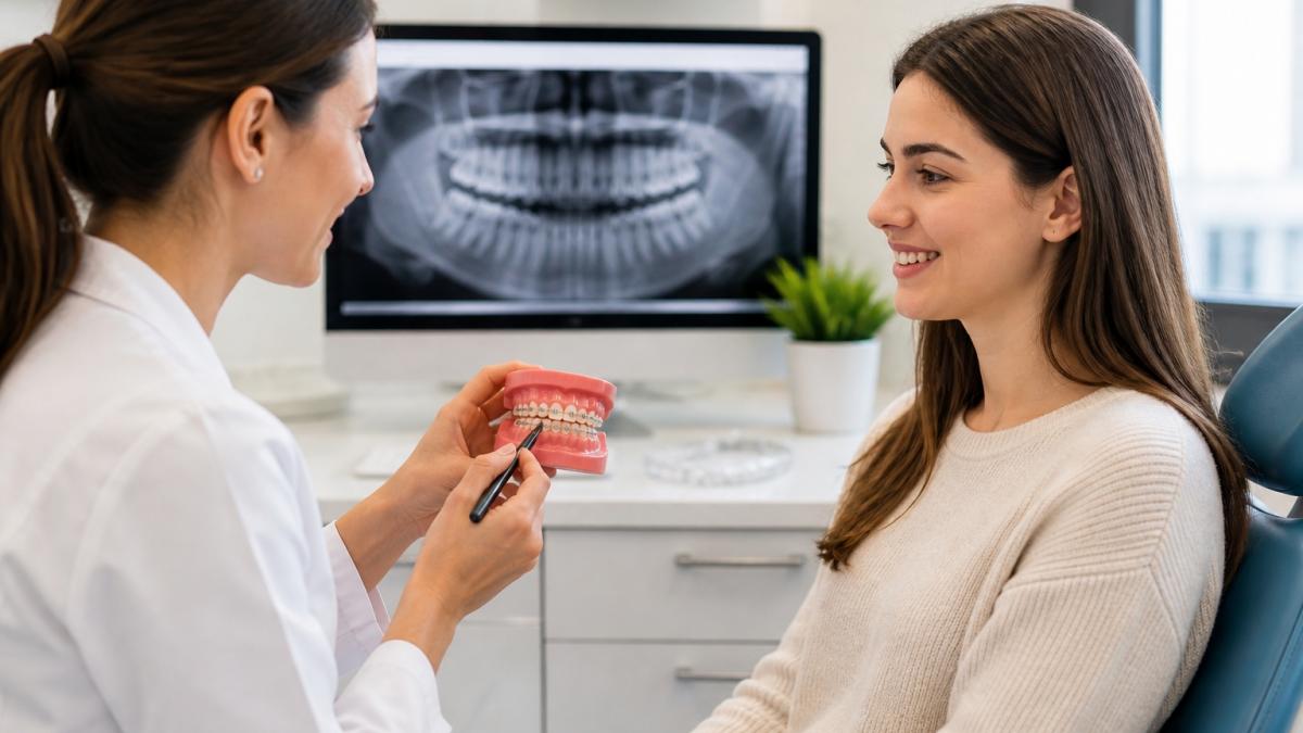 medic stomatolog cu un mulaj in mana ii arata pacientului dintii de pe acel mulaj
