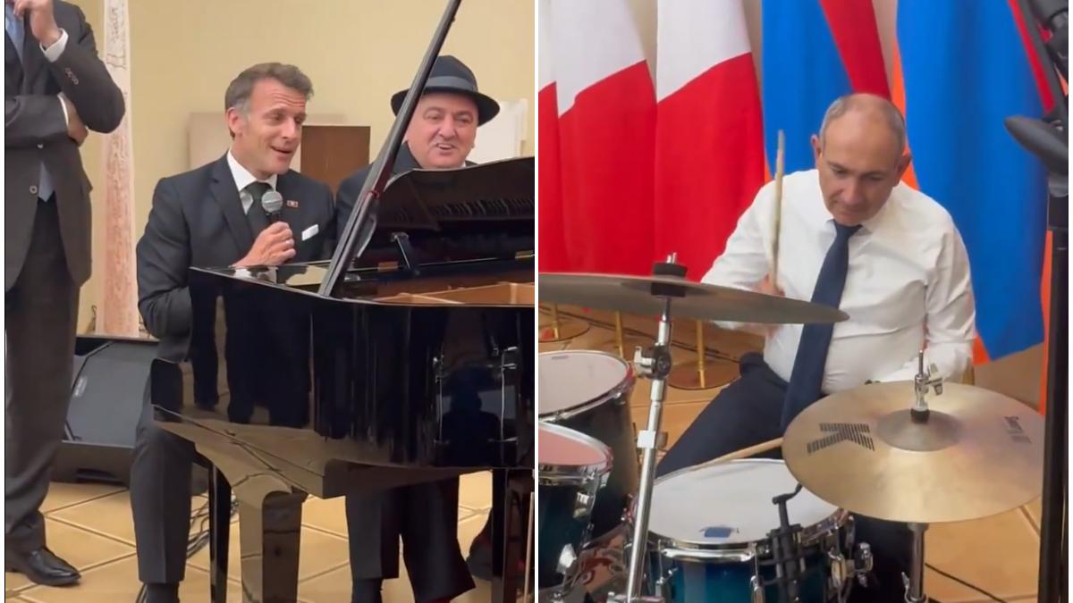 video momentul in care macron canta la boheme in timpul dineului oficial de la erevan premierul armean l a acompaniat la tobe