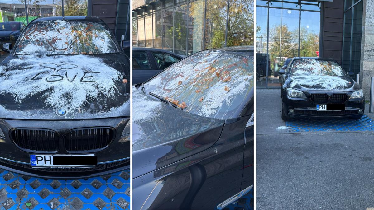 un sofer din prahova care si a lasat bmw ul in parcarea unui supermarket din bucuresti a fost taxat cu oua faina si love