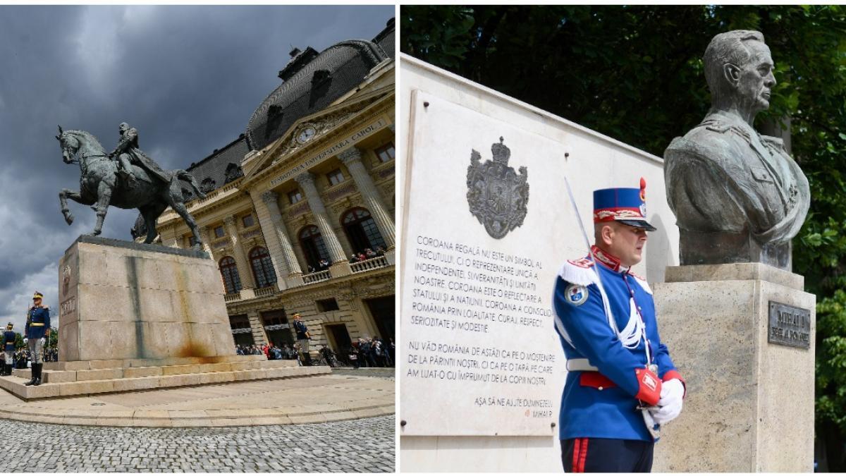 colaj 2 poze in care apar statuia Regelui Carol I din Piaţa Palatului Regal din Bucureşti şi o imagine de la o ceremonie de depunere de flori la Bustul Regelui Mihai I din Piaţeta Regelui, cu ocazia Zilei Regalităţii