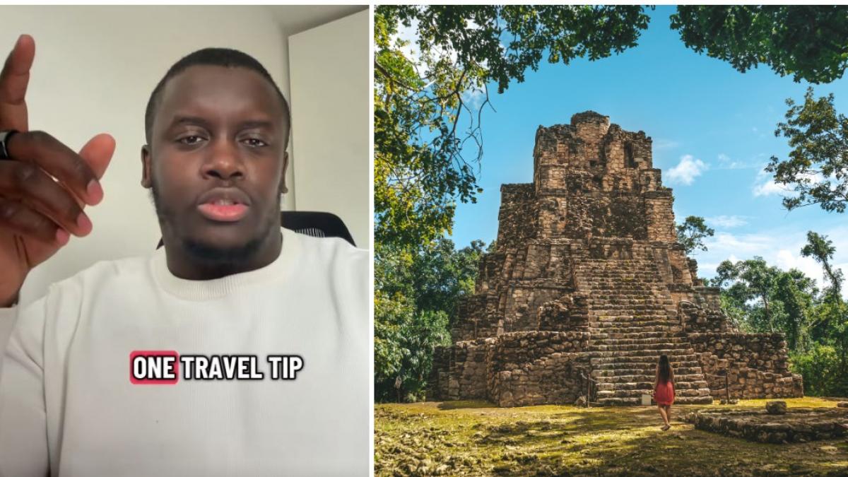 colaj 2 poze cu tanarul care a platit putin peste 400 de euro pentru o vacanta in Mexic si ruine mayașe în Tulum