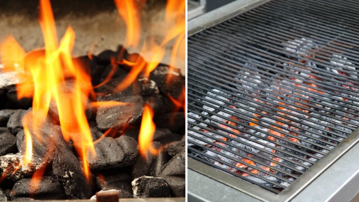 colaj 2 poze in care apar carbuni pentru gratar, dar si gratarul, pregatit pentru a fi puse legume si carne