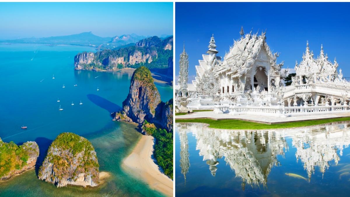 colaj 2 poze in care apar Railay Beach, una dintre cele mai bune plaje din Krabi, şi Wat Rong Khun, cunoscut drept Templul Alb din Chiang Rai, Thailanda