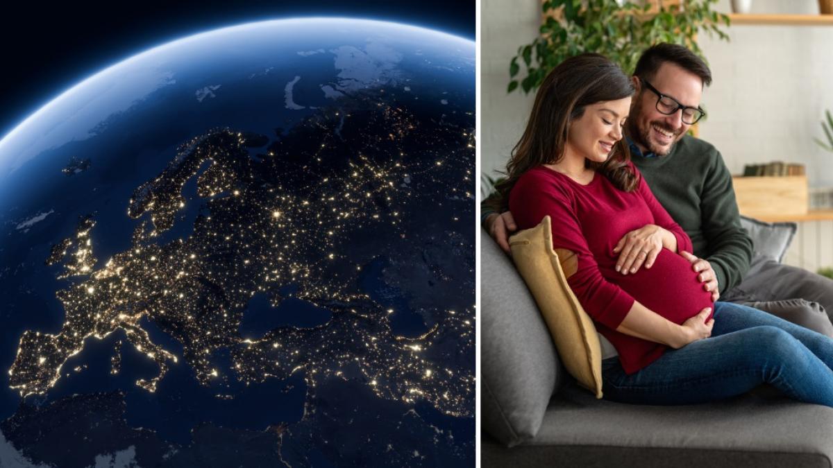 colaj 2 poze cu Europa, văzută din spaţiu şi o femeie insarcinata, alaturi de sotul ei
