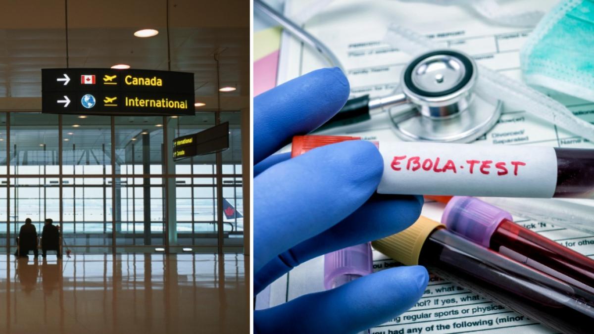 colaj 2 poze in care apar un aeroport din Canada si o fiola cu sange, recoltat pentru un test pentru virusul Ebola