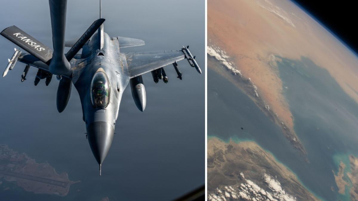 colaj 2 poze in care apar un avion F-16E Fighting Falcon al Forțelor Aeriene ale Statelor Unite şi Strâmtoarea Ormuz.
