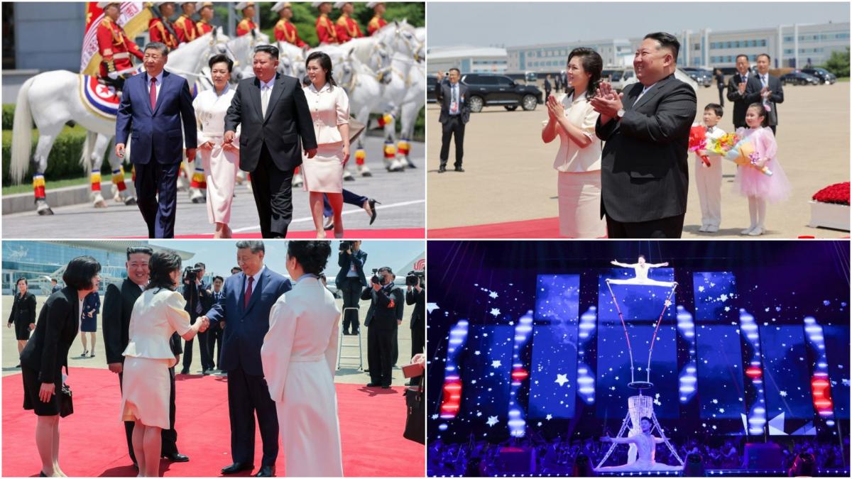 cai albi acrobati si mii de copii sarind in sus de bucurie cum l au primit kim jong un si sotia lui la phenian pe xi jinping