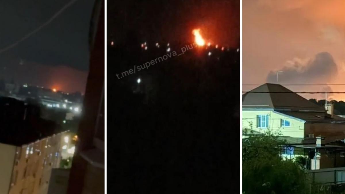 colaj cu un incendiu la Rafinăria de Petrol Afipsky, regiunea Krasnodar, în sudul Rusiei, după un atac al Ucrainei.
