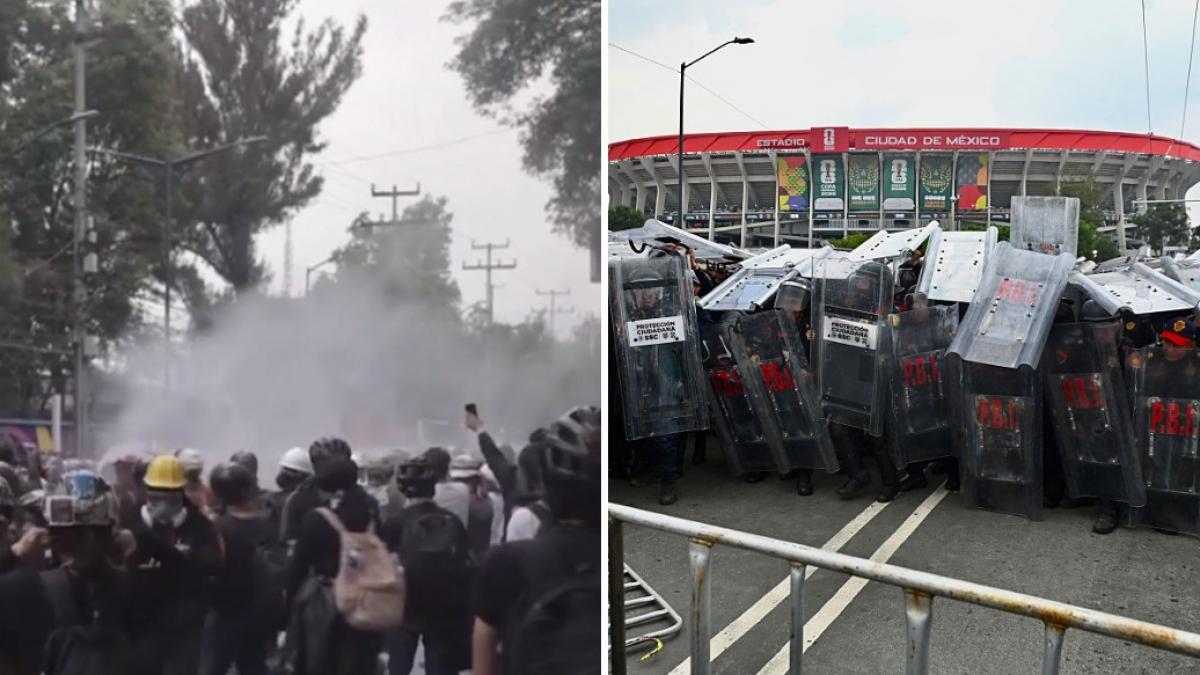 colaj 2 poze in care apar violentele din fata stadionului Azteca + imagine cu mai multi politisti mexicani, implicati in luptele de strada inainte de debutul CM 2026