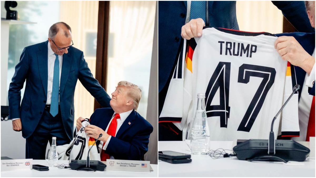 friedrich merz i a dat cadou lui donald trump un tricou al nationalei de fotbal a germaniei la urma urmei suntem in aceeasi echipa