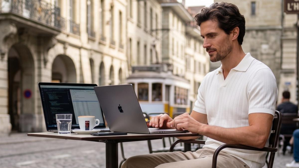 barbat lucrand pe laptop