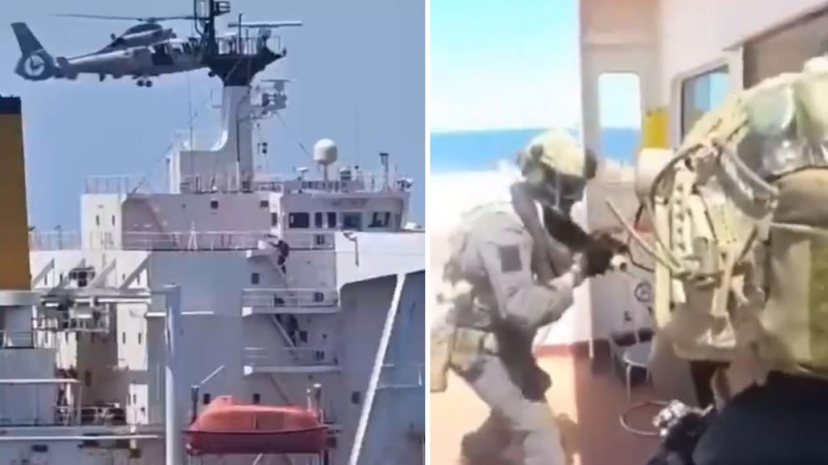 colaj 2 poze de la sechestrarea unei nave din flota fantoma a Rusiei de Franta