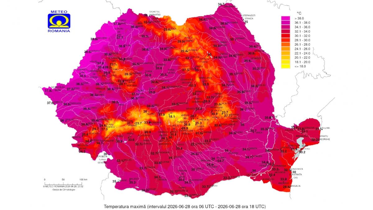 harta anm cu zeci de recorduri istorice de temperatura in romania a fost cea mai calduroasa zi de 28 iunie in 84 de statii meteo