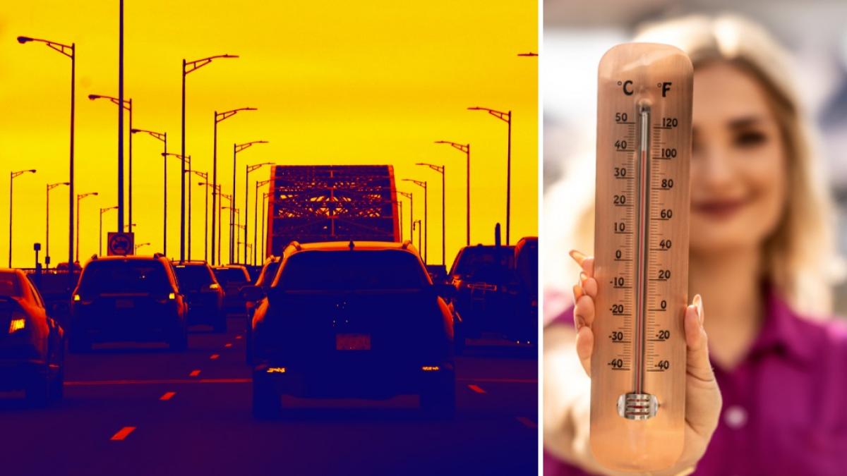 colaj 2 poze cu masini in trafic, pe canicula si o femeie care tine in mana un termometru care arata aproape 40 de grade