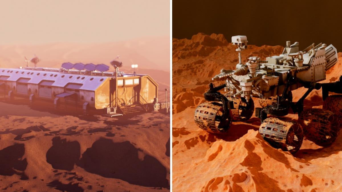 colaj 2 poze cu echipamente, inclusiv un rover, pe Marte