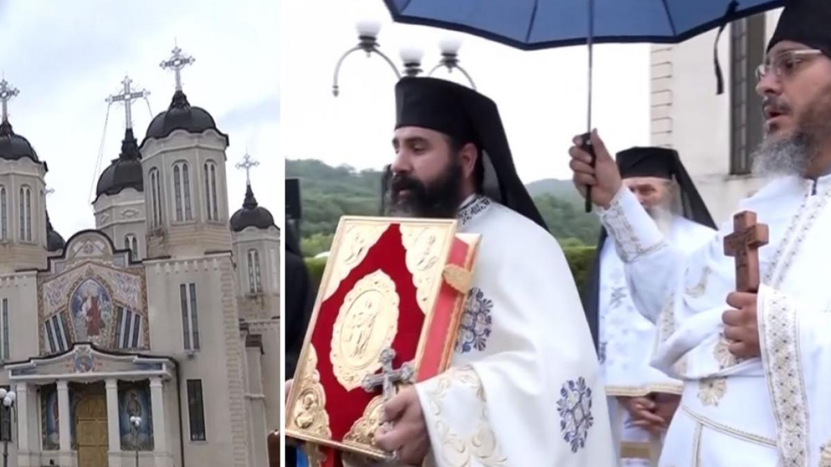 colaj 2 poze de la ceremonia in cadrul careia Părintele Andrei Jilcu a fost numit stareţul Mănăstirii 