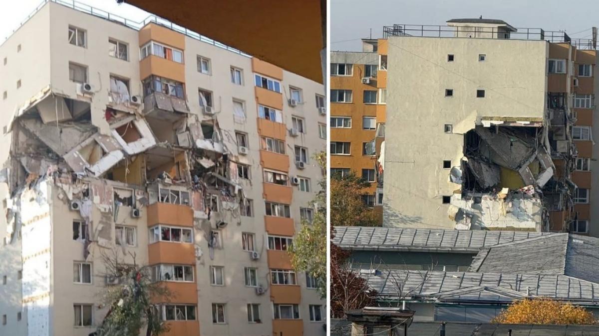 colaj 2 poze cu blocul distrus dupa explozia de vineri, 17 octombrie