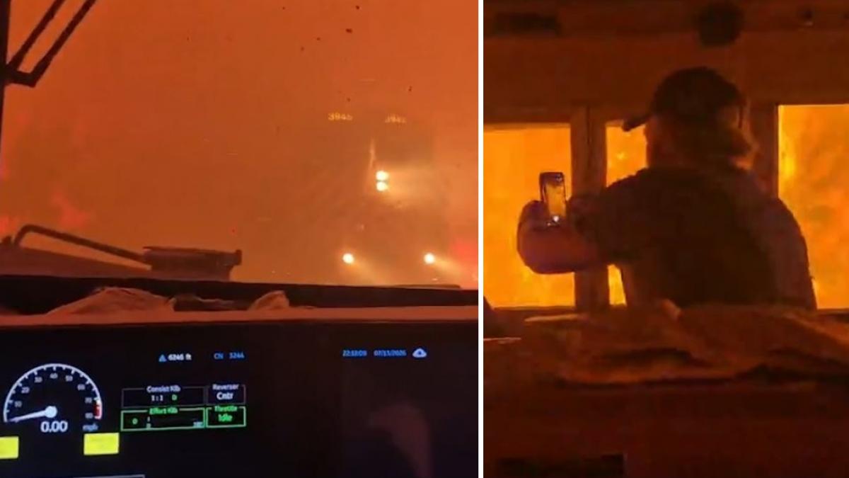 imagini apocaliptice in timpul unui incendiu de vegetatie din canada un tren a ramas blocat in flacari iar mecanicul a cerut ajutor
