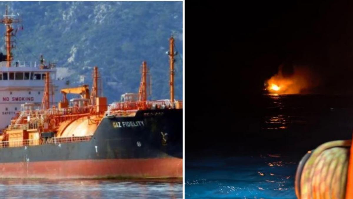 colaj 2 poze despre petrolierul LPG Gas Lisbon, sub pavilion liberian, a fost lovit în noaptea de luni spre marți în afara apelor teritoriale ale României. Sursa colaj foto: Marine Traffic/ISU Tulcea
