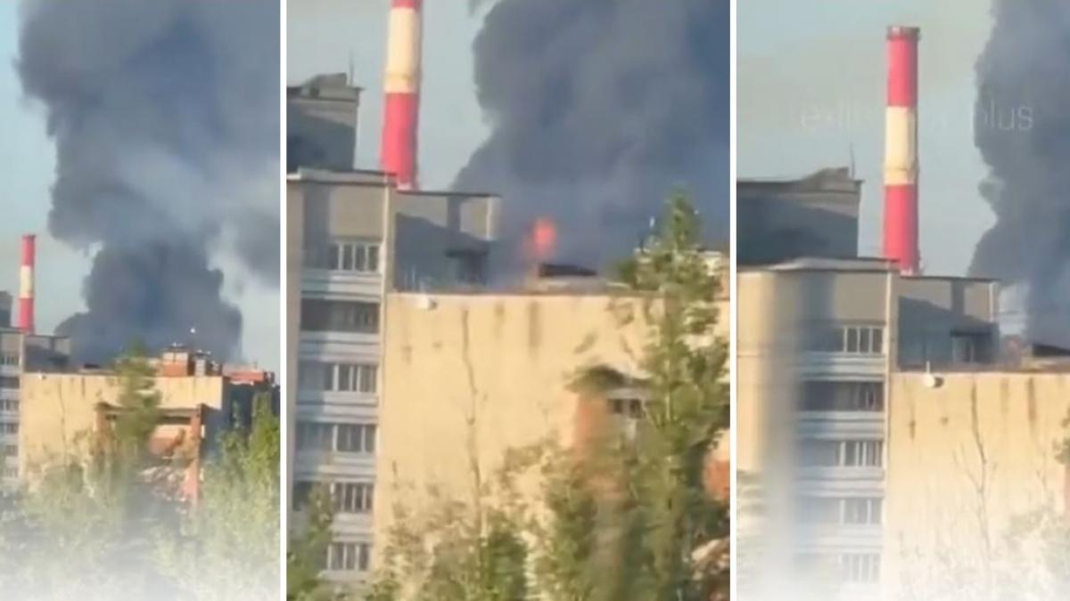 colaj 3 poze in care apare rafinaria Slavneft-Yanos din Iaroslavl, in flacari dupa un atac cu drone ucrainene