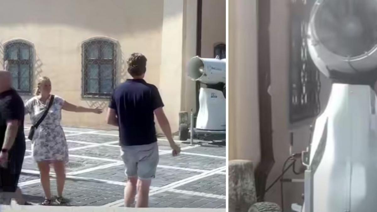 colaj 2 poze cu tunul de zapada instalat in Piata Sfatului din Brasov