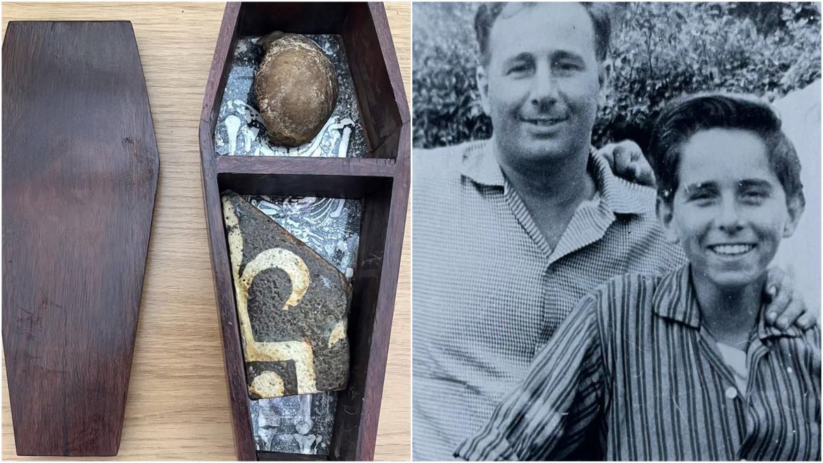 in 1956 un baiat a luat rotula unui staret si o placa din abatia glastonbury dupa 70 de ani vaduva lui le a returnat din australia