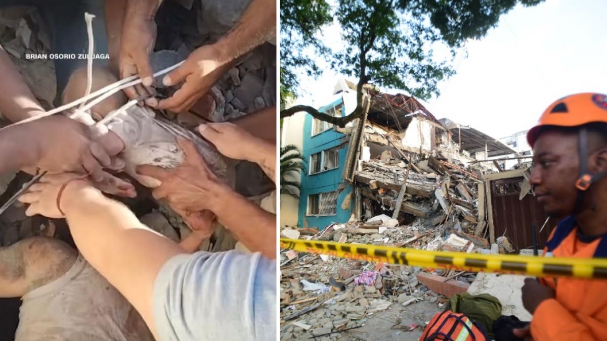 colaj 2 poze despre Un bebeluș, scos în viață de sub dărâmăturile unei clădiri prăbușite, la 48 de ore de la cutremurul din Columbia