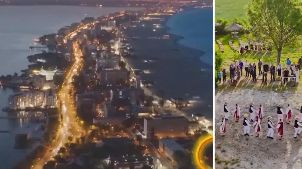 colaj 2 poze Statiunea Mamaia si niste dansatori de muzica populara