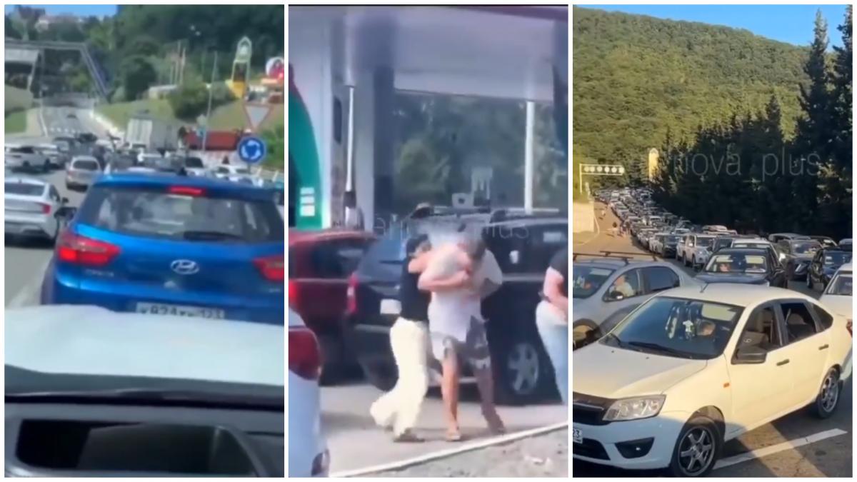 colaj foto cu cozile și bătăile de la benzinăriile din Rusia