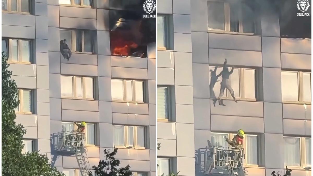 imagini virale o femeie a sarit de la etajul 11 ca sa scape dintr un incendiu pompierii au venit cu scara dar era prea scurta