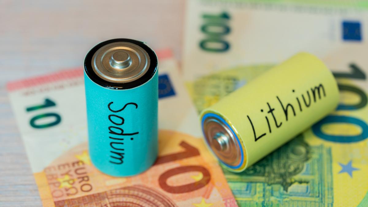 poza in care apar bancnote de euro si doua baterii, fiecare avand mesaje diferite scrise pe ele, respectiv sodiu şi litiu - GettyImages-2255699234
