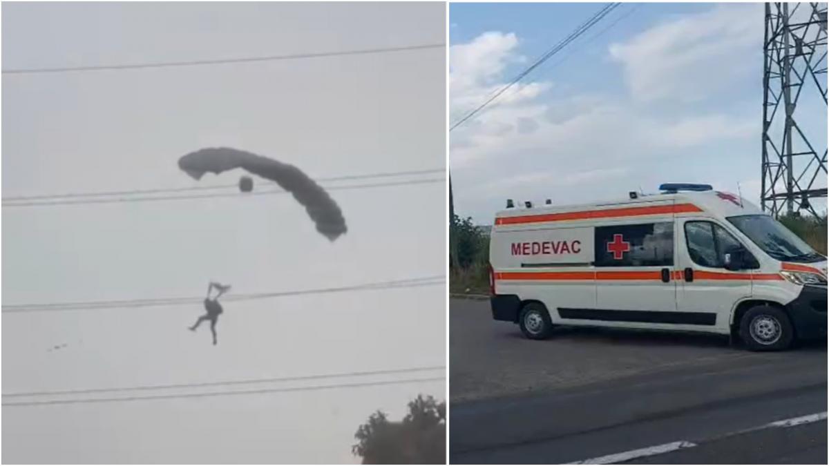 un exercitiu de parasutare langa targu mures s a terminat cu doi militari raniti unul a ramas agatat in firele de inalta tensiune