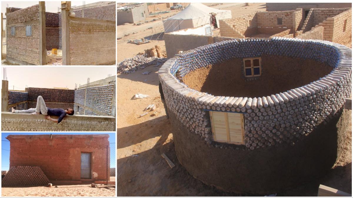 case din sticle plastic umplute cu nisip desert locuinte refugiati tabere