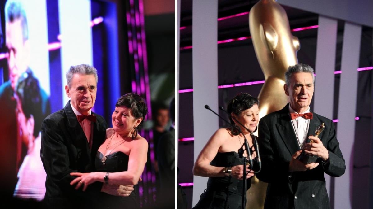 colaj 2 poze in care apare Anca Pandrea, alături de soţul ei, a actorului Iurie Darie, la un eveniment din 26 martie 2012.