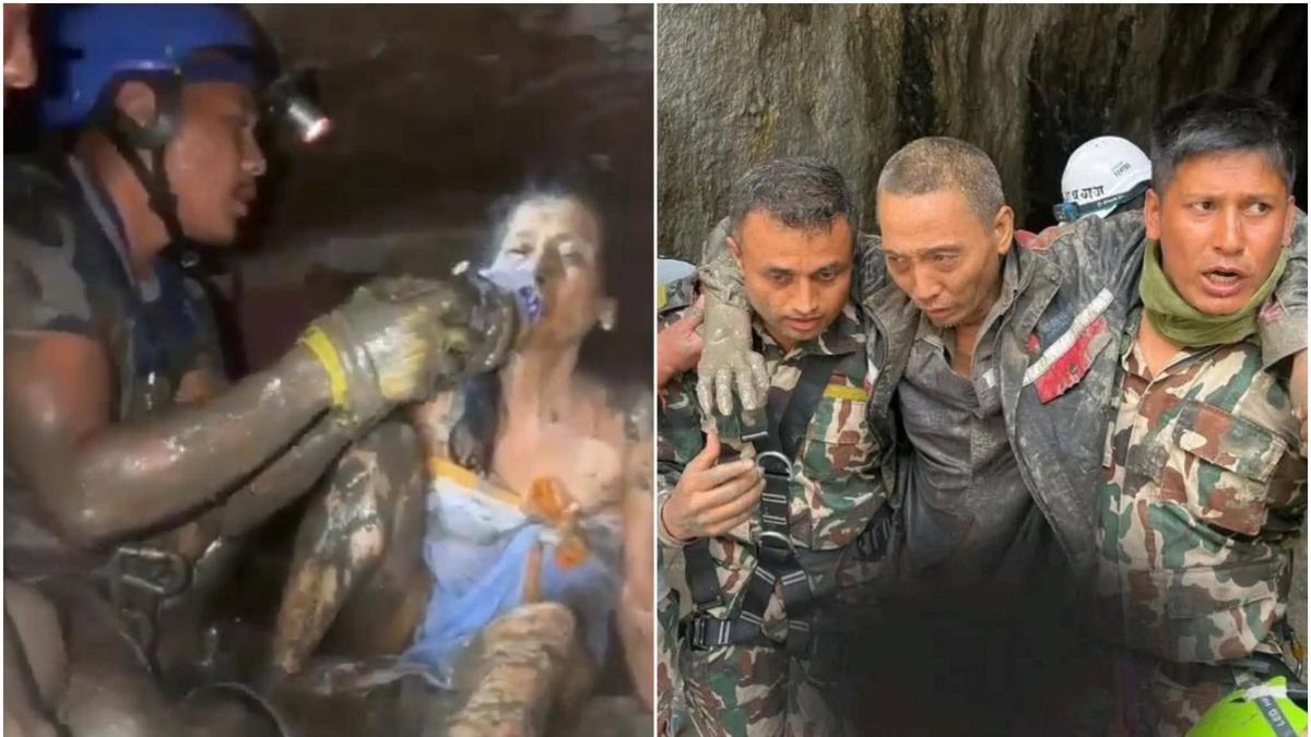 colaj 2 poze cu femeia si barbatul salvati dupa 10 zile de la viitura din Nepal