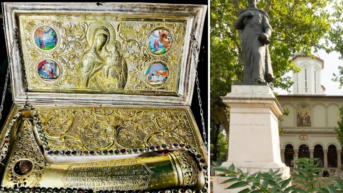 colaj 2 poze in care apar moaştele Sfintei Ana de la Mănăstirea Cutlumuş, de pe Muntele Athos, aduse în premieră în România, sâmbătă, la Biserica 